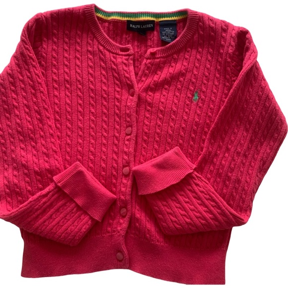 Ralph Lauren Pink Green Pony Cable Knit Button Cardigan Girl's Sz 5 - Picture 1 of 7